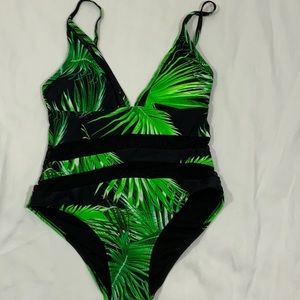 Coastal Waves- one piece swimsuit, size small, black and green palm leaf print